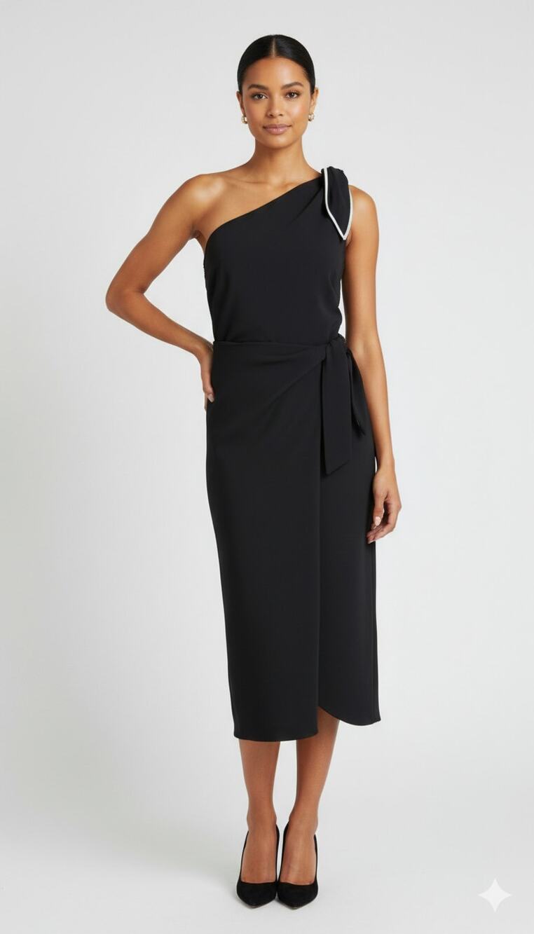 Diane Von Furstenberg One Shoulder Knot Scarf Faux Wrap Dress Womens 2 Black